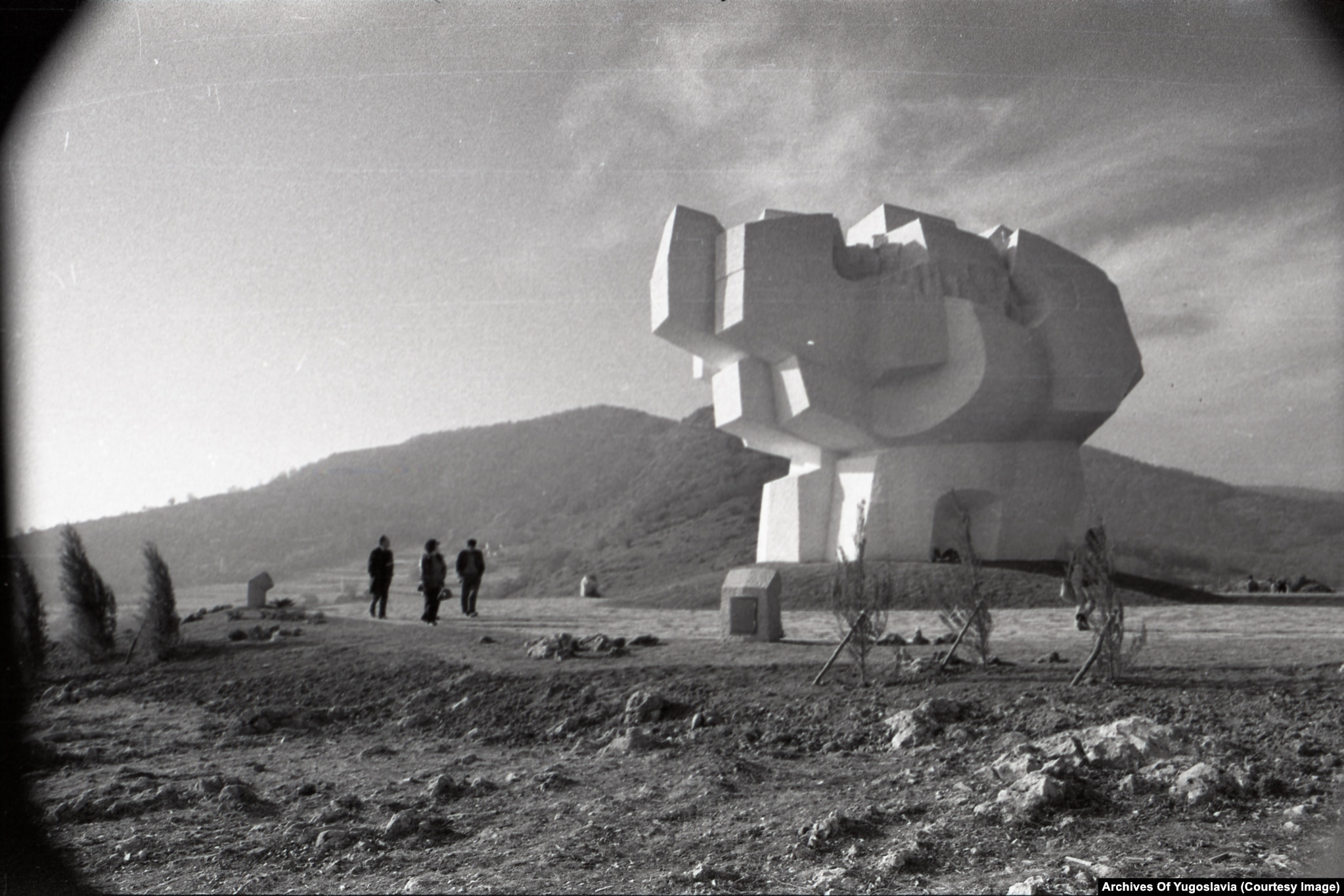 The intact Makljen monument’s concrete fins on a mountain pass, photographed soon after construction.